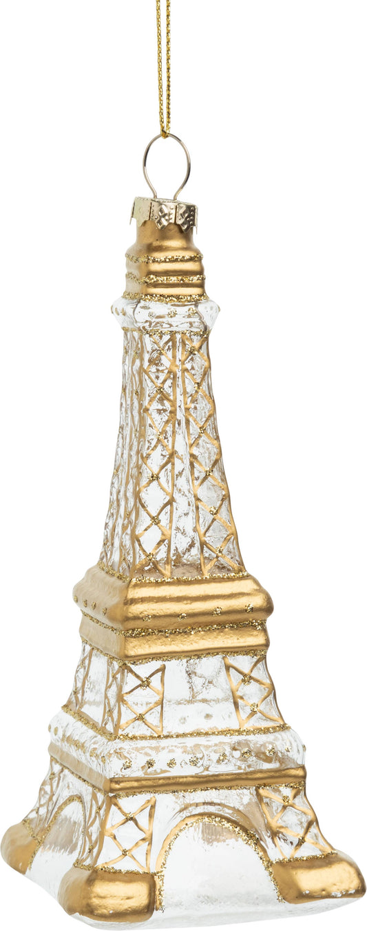 Glass Eiffel Tower Ornament, Clear with Gold Outline