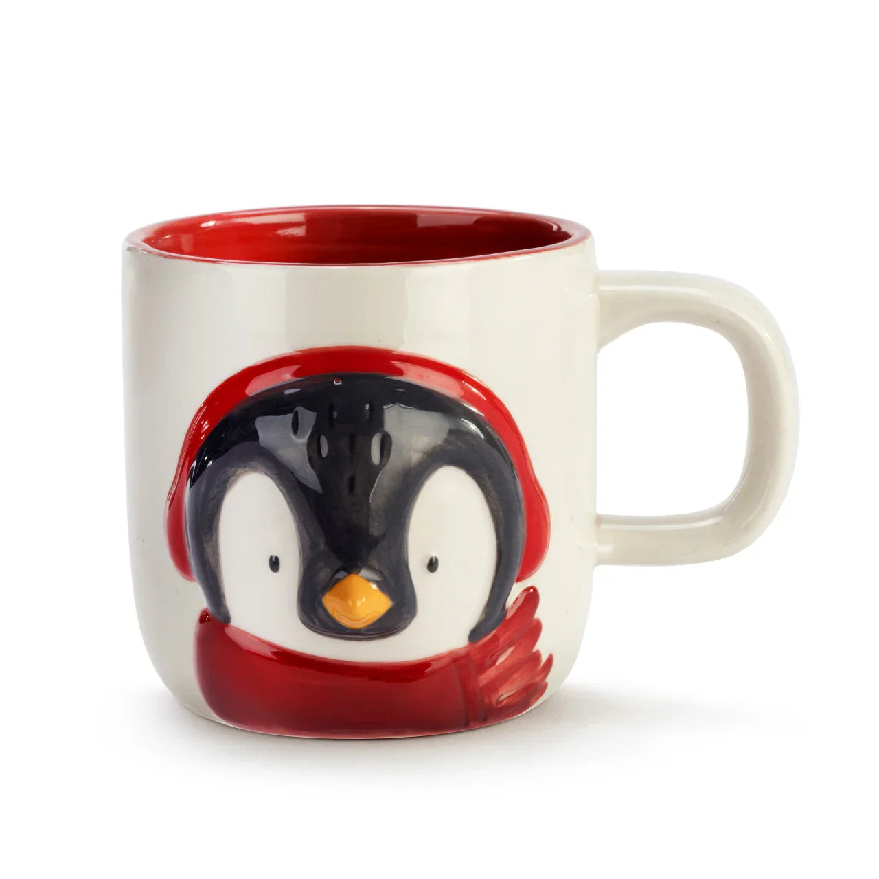 White ceramic mug with red interior featuring 3D penguin face wearing red earmuffs and scarf