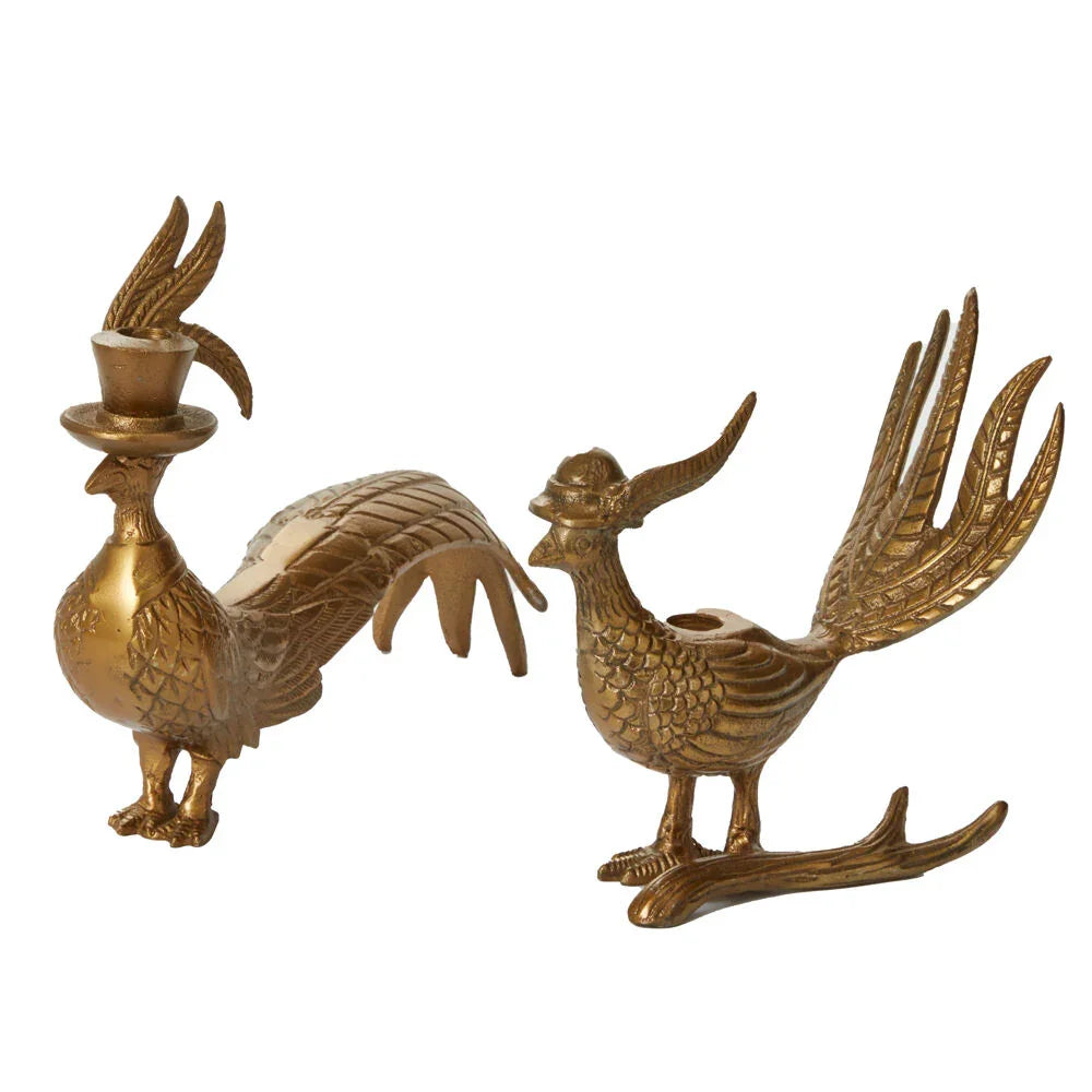 E+E Emerson Pheasant Taper Candlestick - Antique Gold Metal Candle Holder
