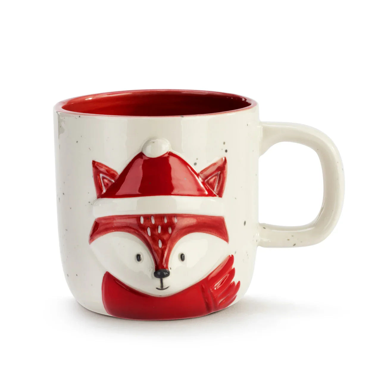 White ceramic mug with red interior featuring a 3D fox wearing a Santa hat and scarf