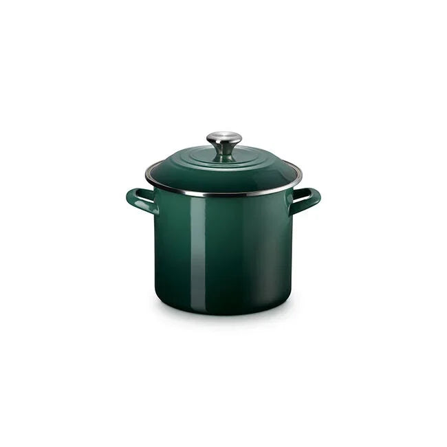Dark green enameled cooking pot with two handles and a matching lid with silver knob