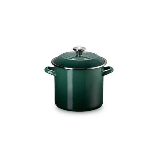 Dark green enameled cooking pot with two handles and a matching lid with silver knob