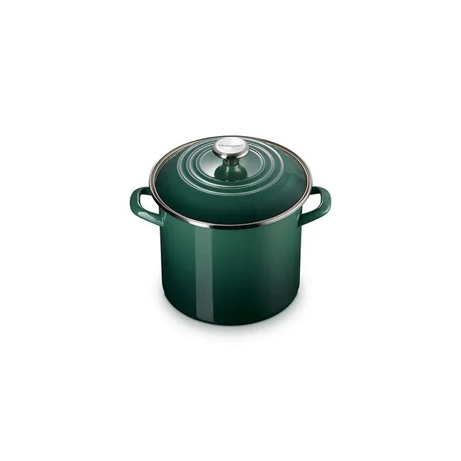 Dark green enameled cast iron stockpot with lid and side handles