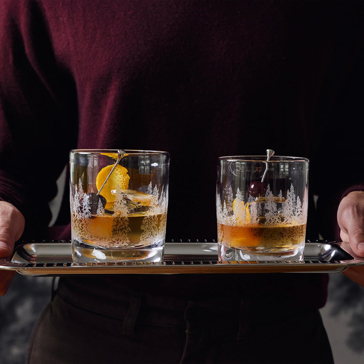 Simon Pearce Engraved Forest Ascutney Double Old-Fashioned Glasses - Set of 2