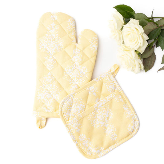 Golden Damask Oven Mitt Set