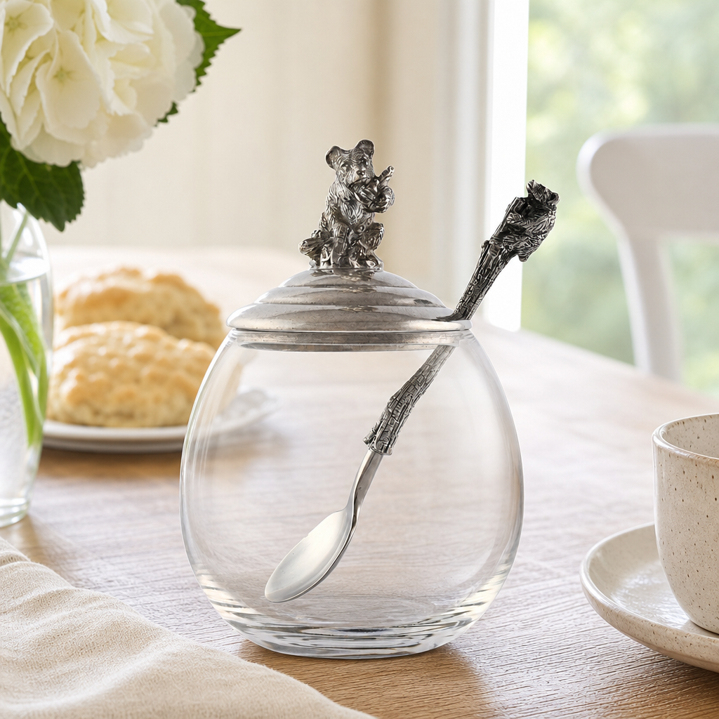 Glass & Pewter Little Bear Honey Pot | 5 Inch
