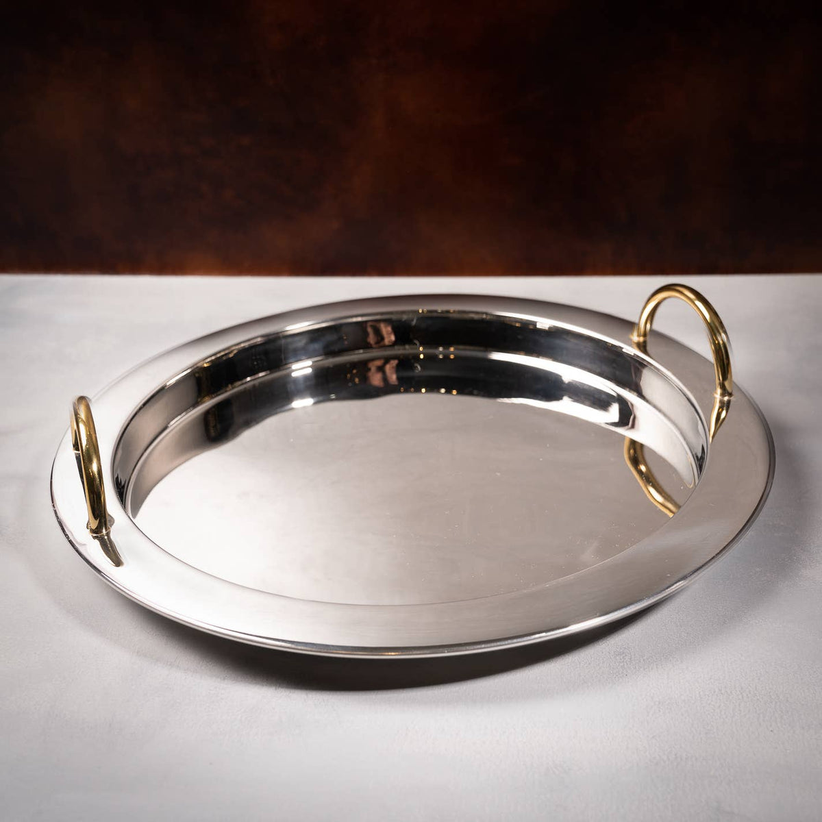 Polished Stainless Steel Round Tray with Gold Handles