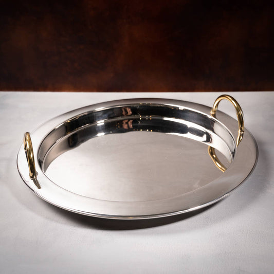 Polished Stainless Steel Round Tray with Gold Handles