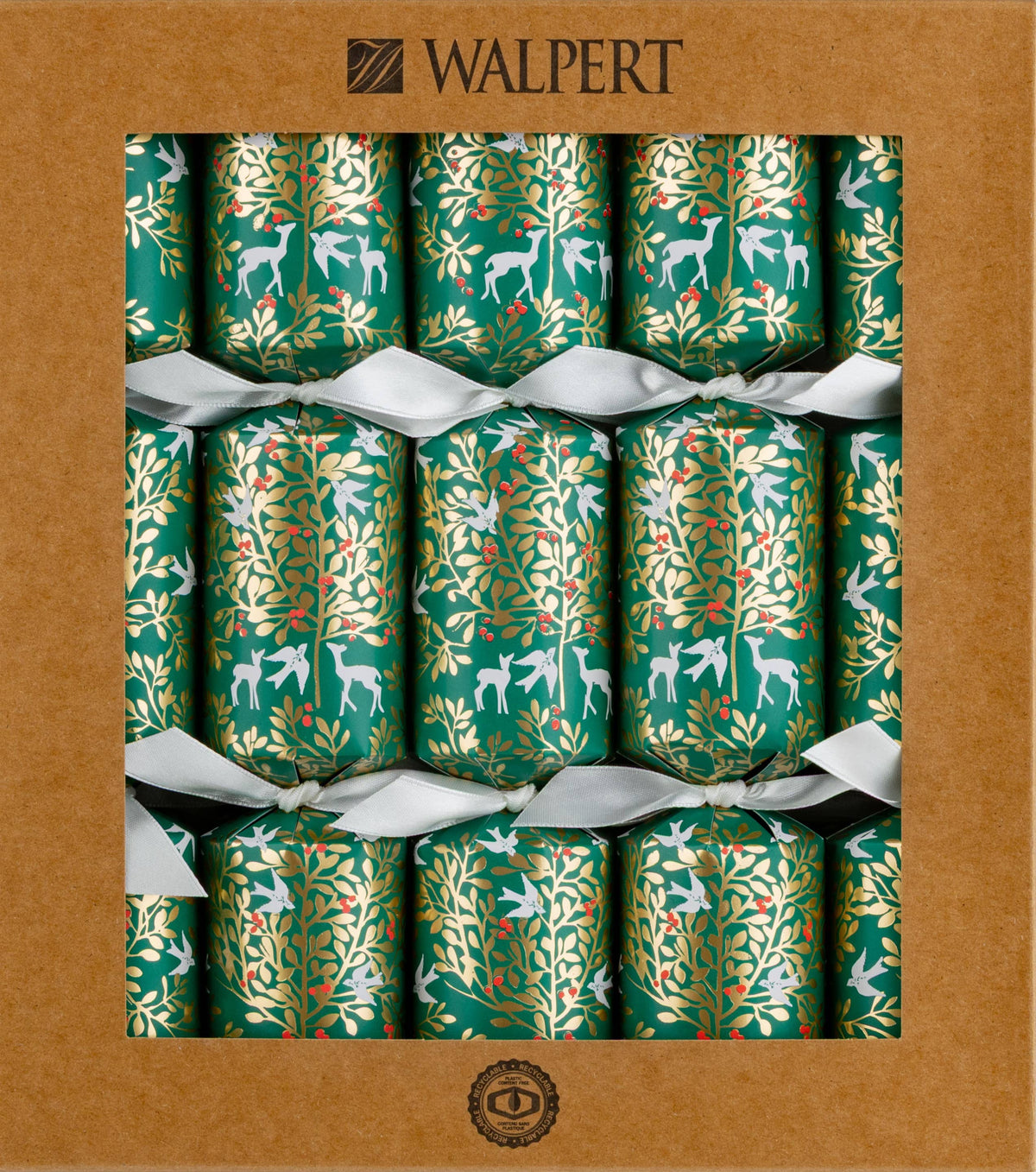 Green Foliage & Deer Christmas Crackers, Set of 10