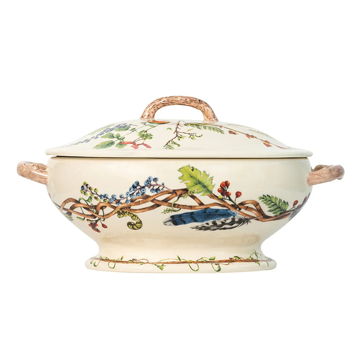 Ceramic soup tureen with botanical and bird feather design, featuring vine handles and lid