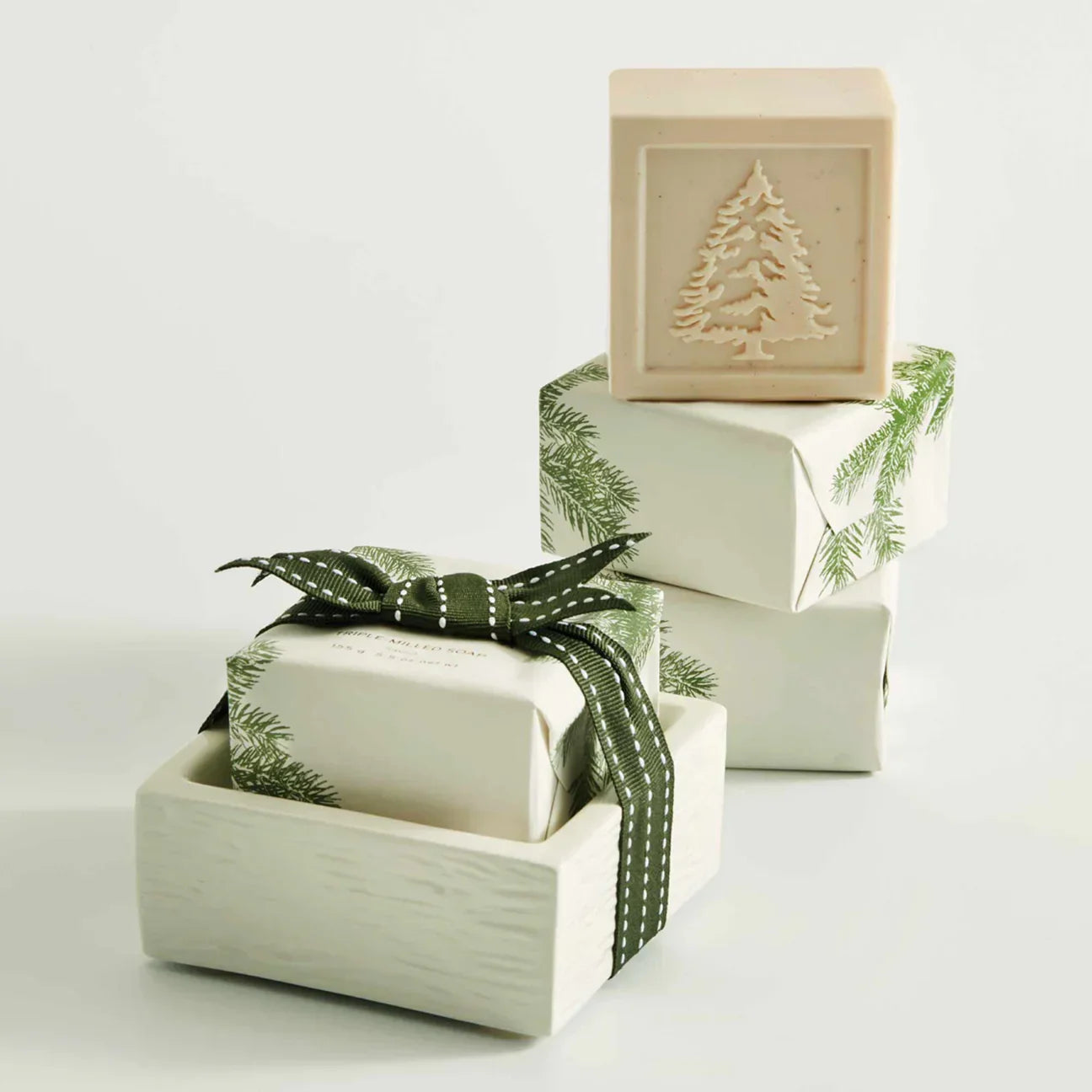 Heritage bar soap set with pine tree and green pine branch wrapping, white ceramic soap dish
