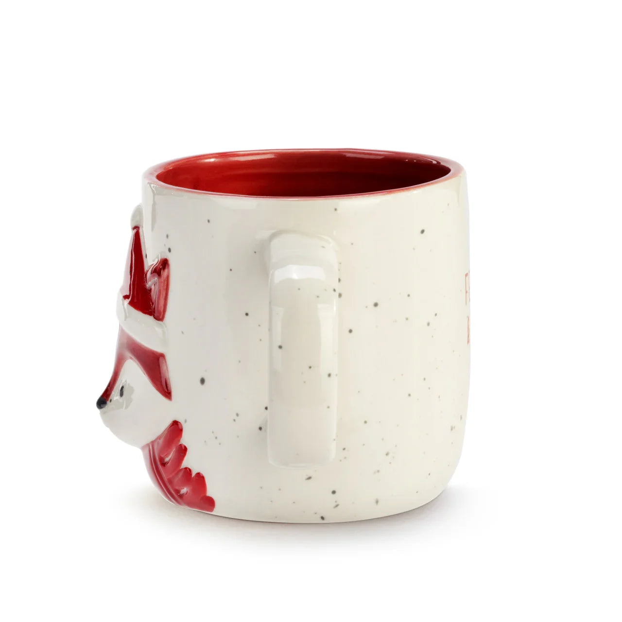 Speckled white ceramic mug with red interior and 3D red fox face on side