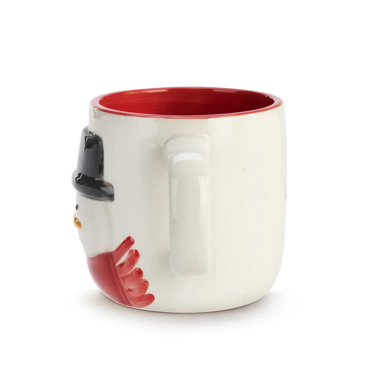 White ceramic mug with red interior and snowman face decoration wearing black hat and red scarf