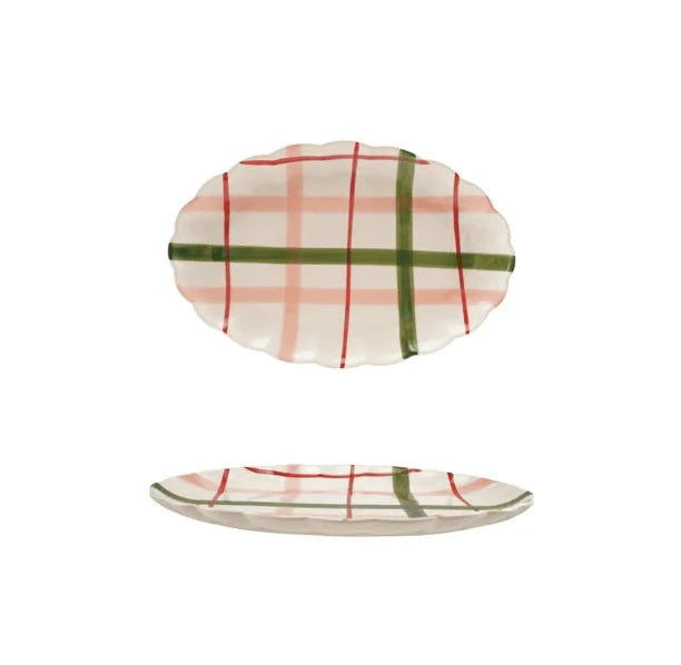 Hand-Painted Plaid Stoneware Oval Platter with Scalloped Edge