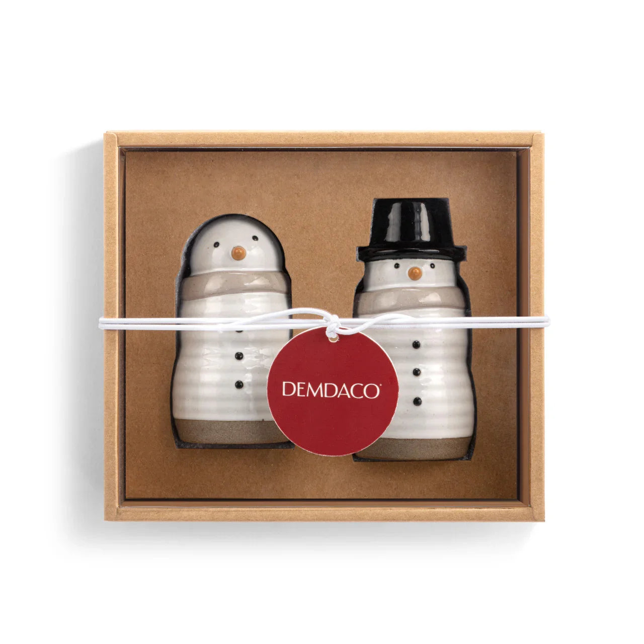 Ceramic snowman salt and pepper shakers in gift box with Demdaco tag