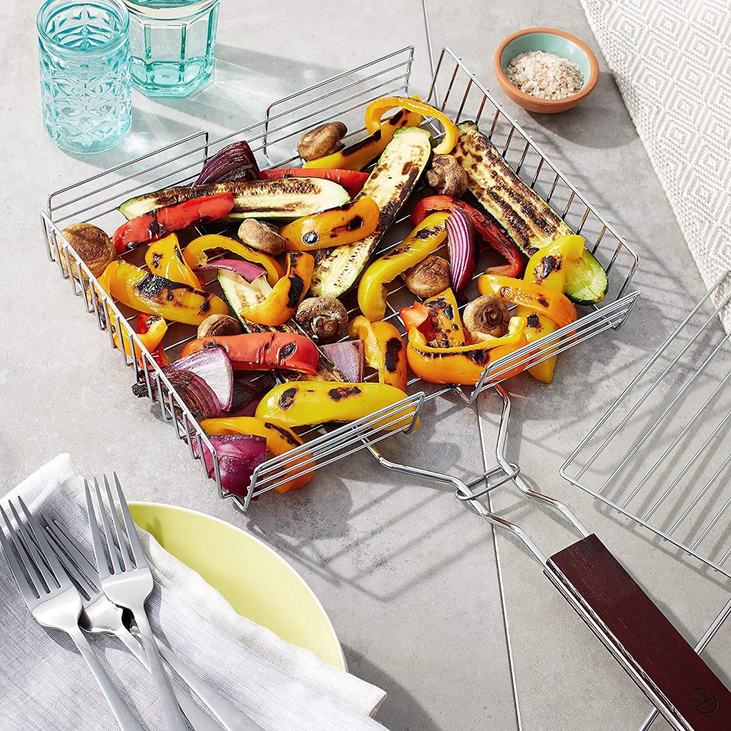 Chrome Grill Basket with Rosewood Handle - Marcel’s Culinary Experience