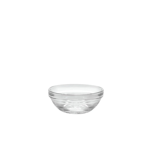 Small clear glass bowl isolated on white background, kitchenware and serving dish