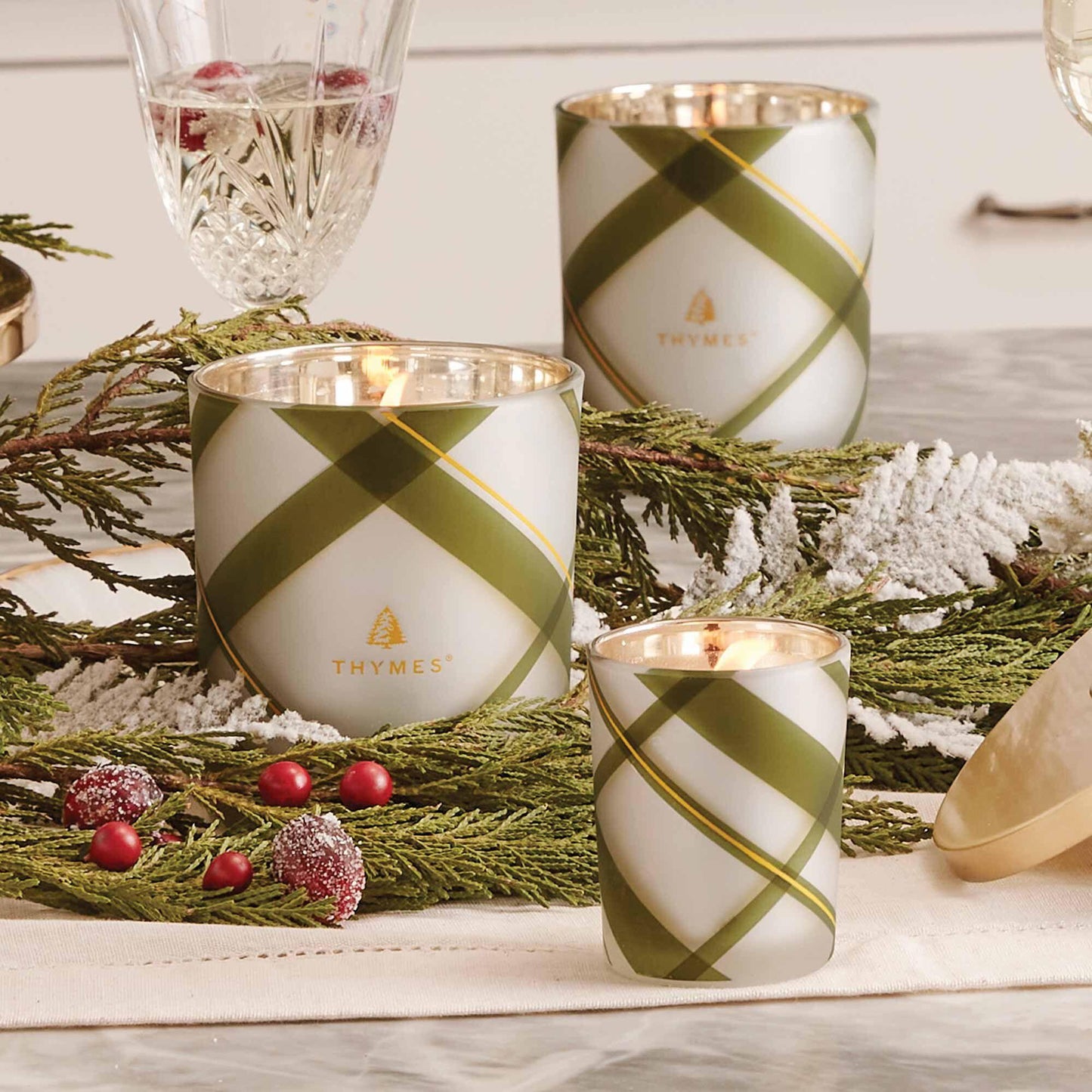 Thymes Frasier Fir Frosted Plaid Medium Candle 10oz - Marcel’s Culinary Experience