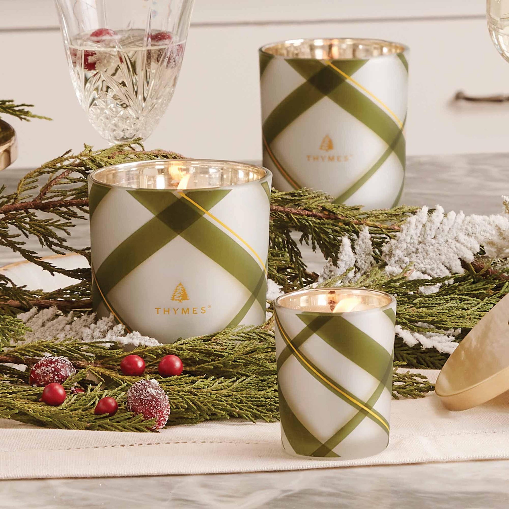 Thymes Frasier Fir Frosted Plaid Medium Candle 10oz - Marcel’s Culinary Experience