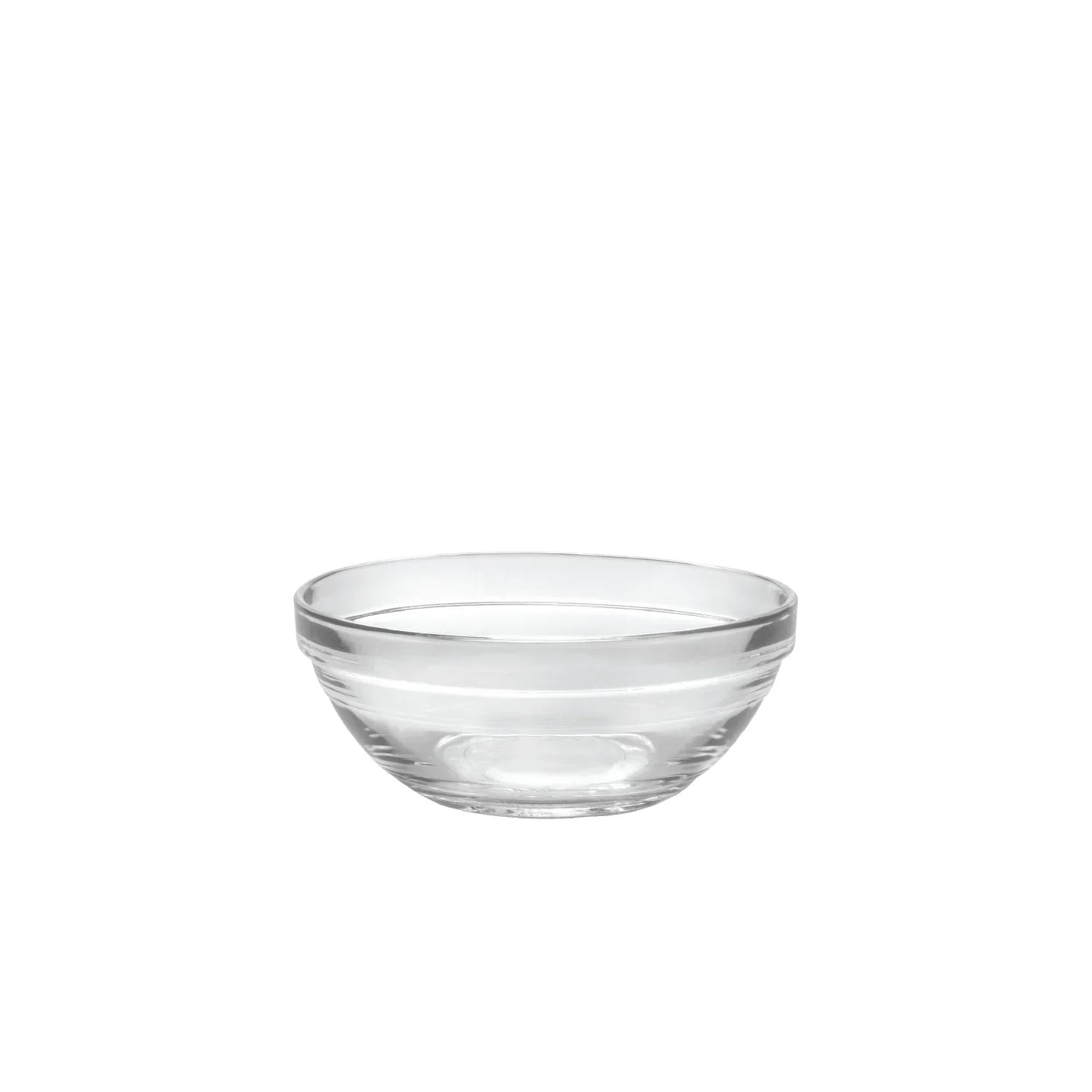 Clear glass bowl with rounded edges on a white background, kitchenware container