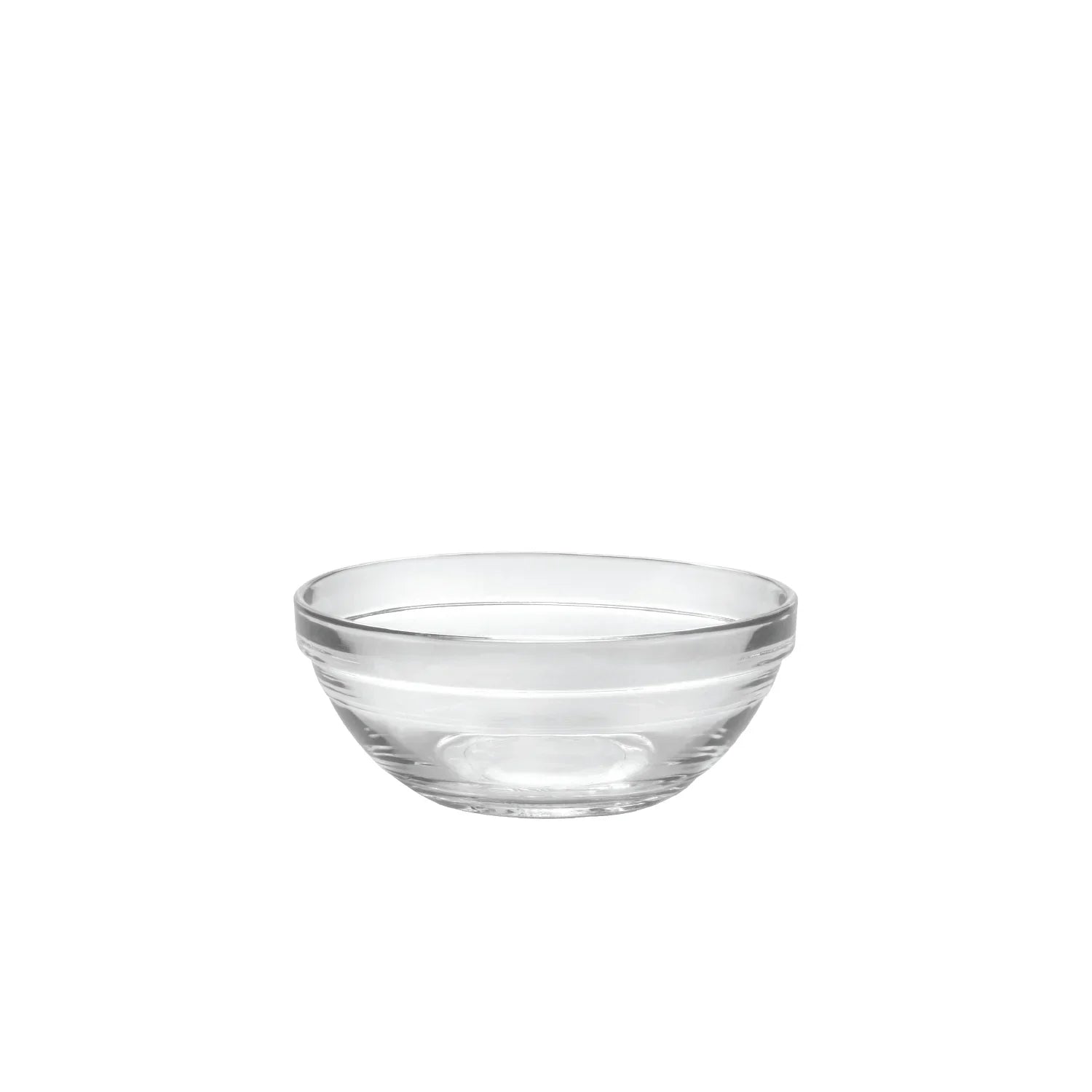Clear glass bowl with rounded edges on a white background, kitchenware container