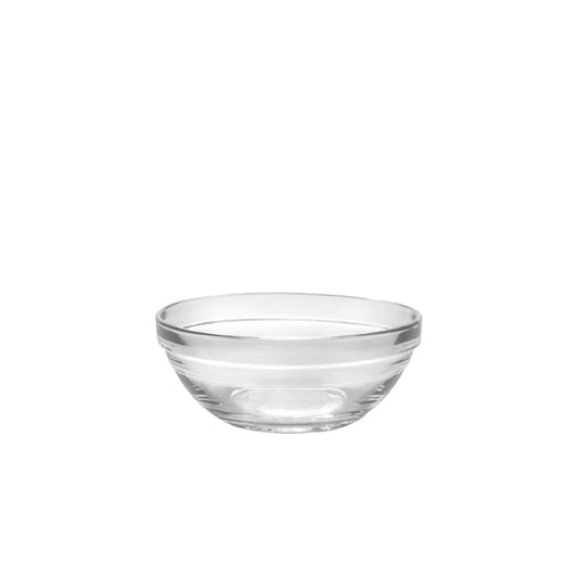 Clear glass bowl with rounded edges on a white background, kitchenware container