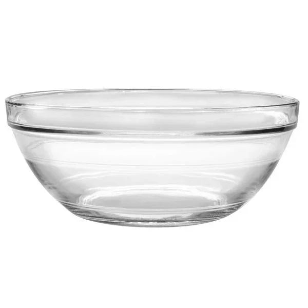 Clear glass mixing bowl with smooth rim on white background