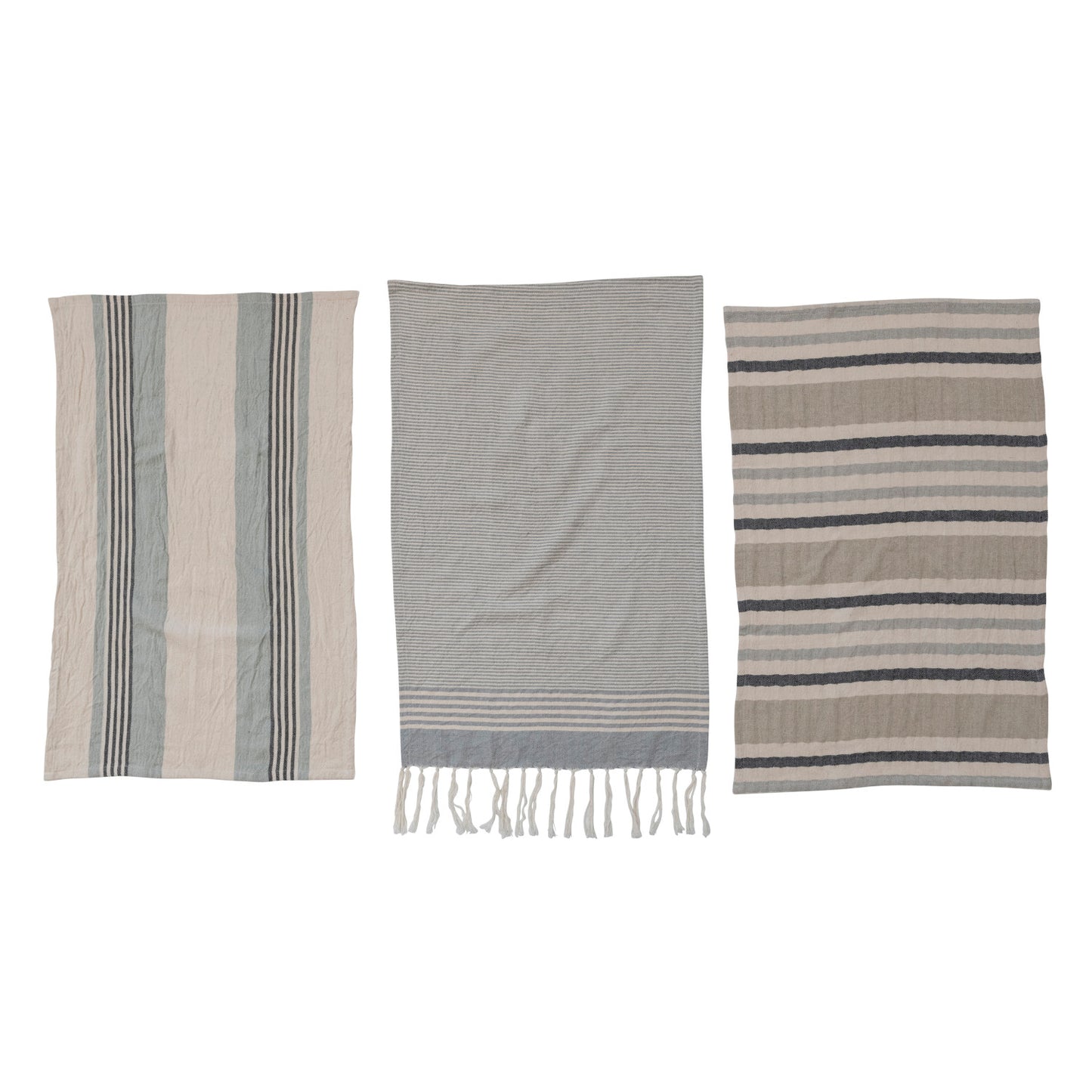 Woven Cotton Tea Towels with Stripes, Jute & Wood Bead