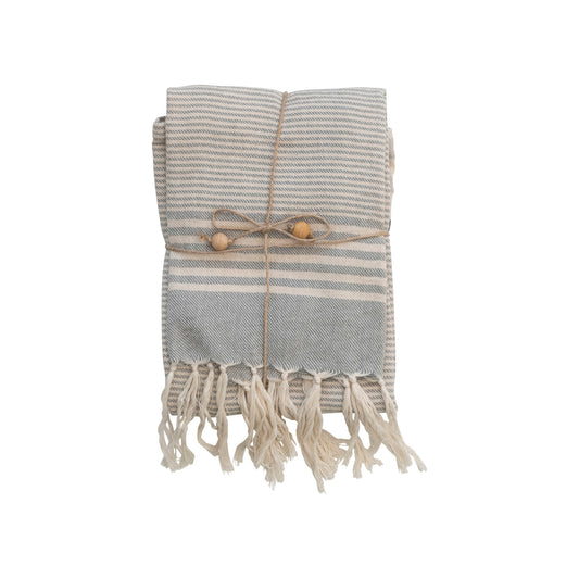 Woven Cotton Tea Towels with Stripes, Jute & Wood Bead
