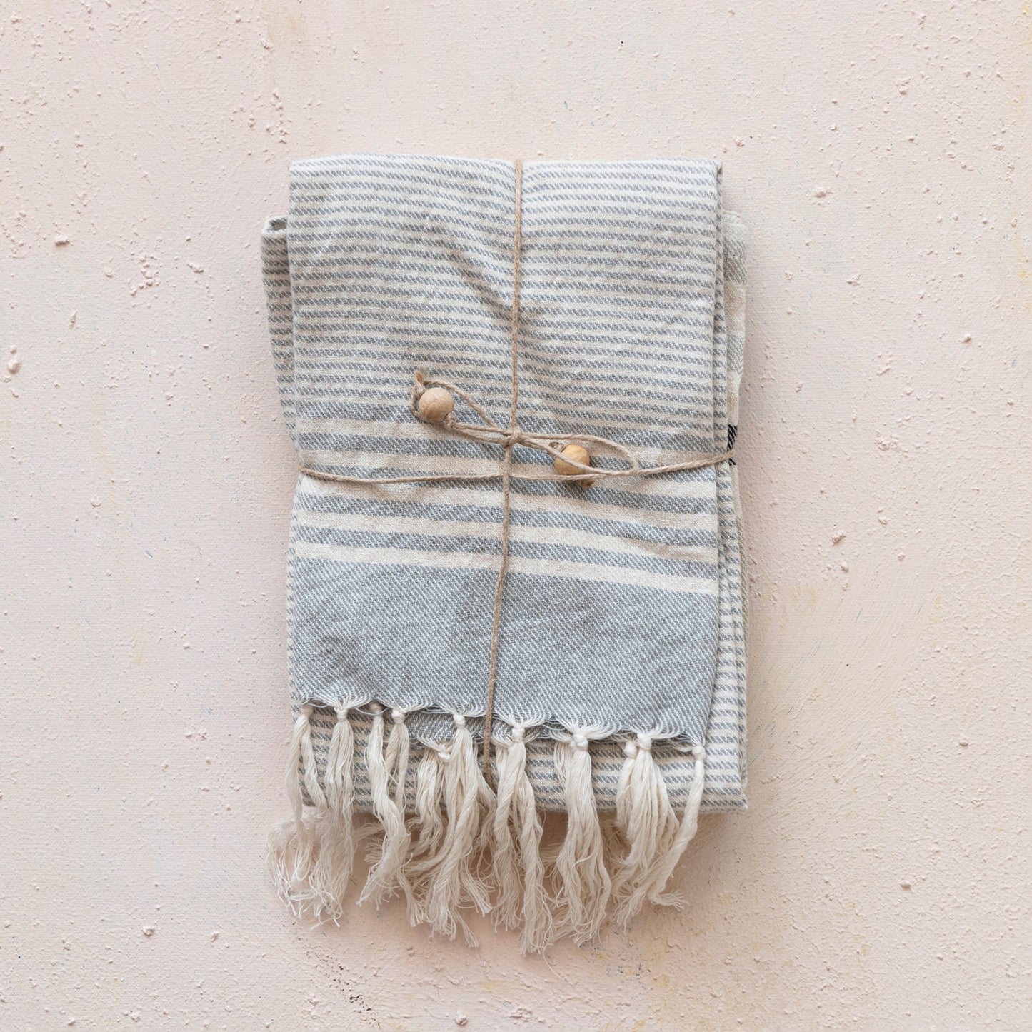 Woven Cotton Tea Towels with Stripes, Jute & Wood Bead