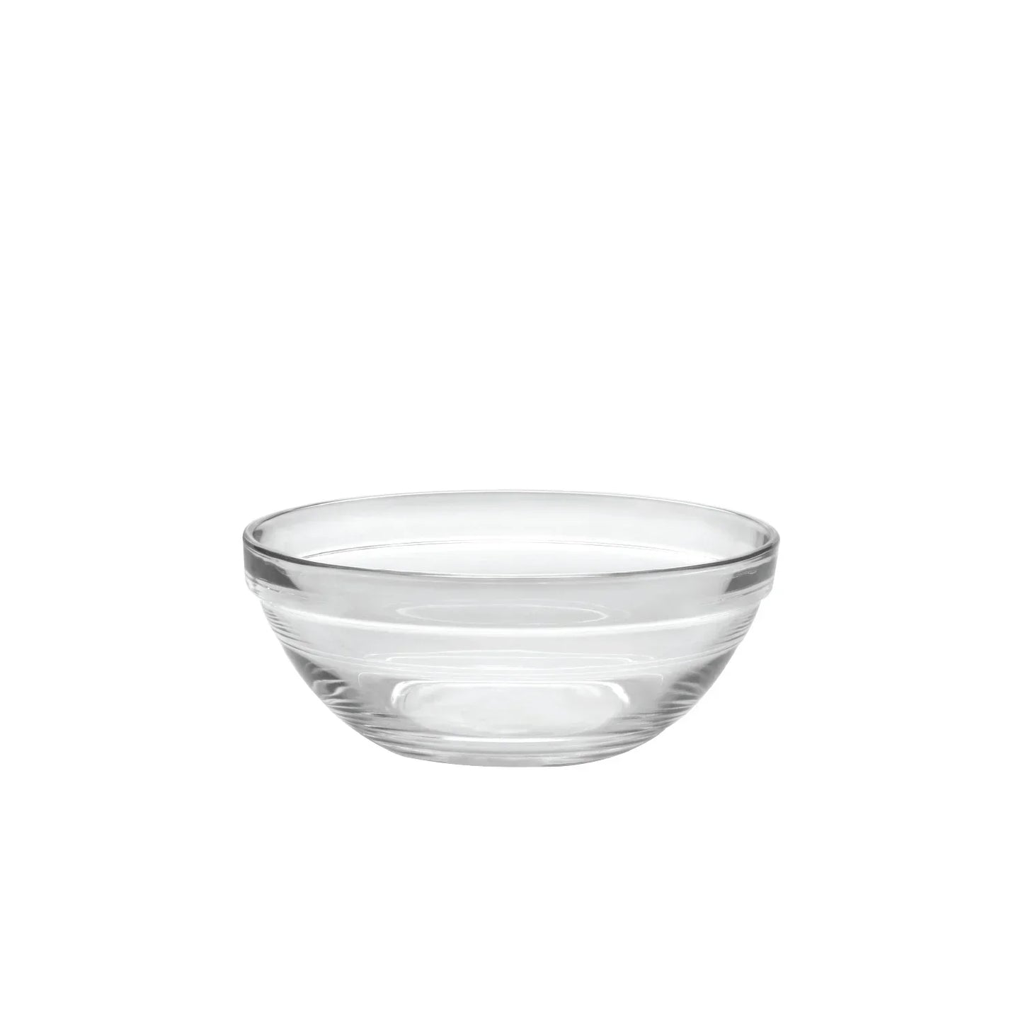 Clear glass bowl with round shape and thick rim on white background