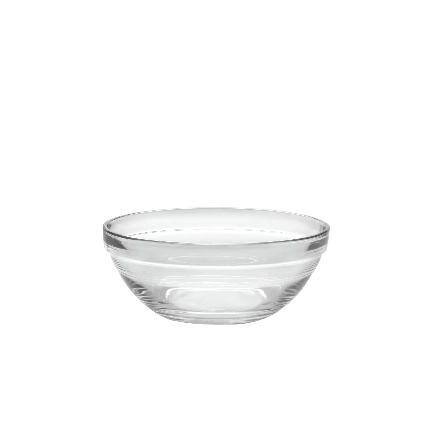 Clear glass bowl with round shape and thick rim on white background