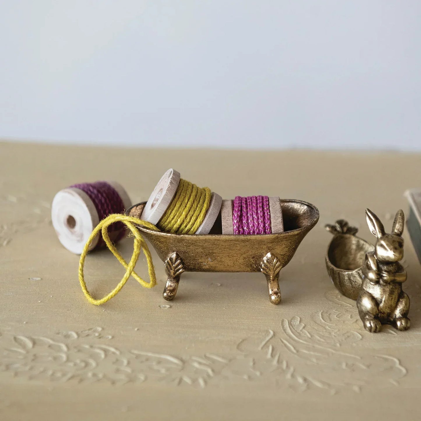 Decorative Pewter Rabbit Pulling Carrot Shaped Dish, Antique Gold Finish