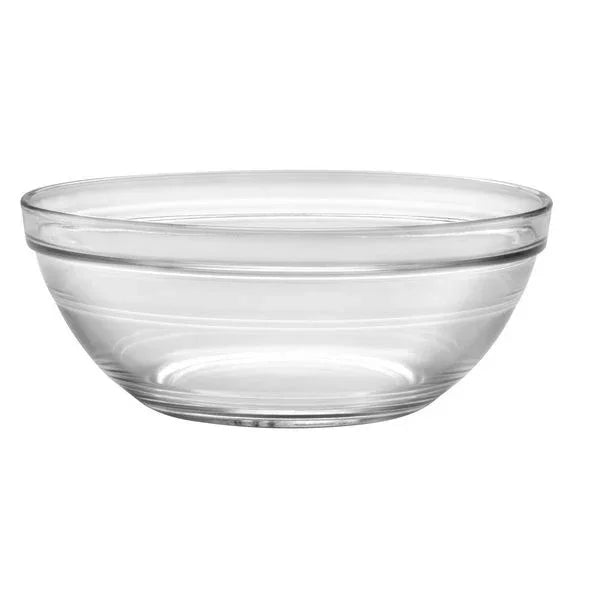 Transparent glass bowl with simple design isolated on white background