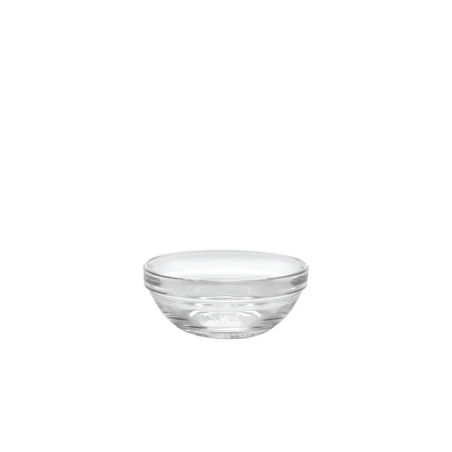 Small clear glass bowl on white background, kitchen mixing or serving bowl