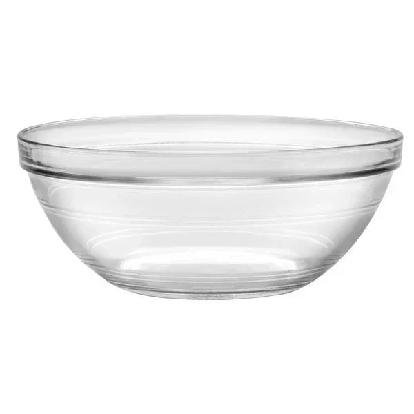 Clear glass mixing bowl with rounded sides on white background