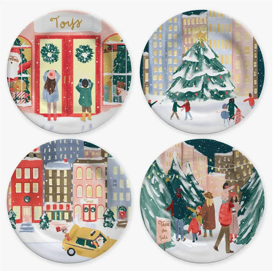 Set of four round Christmas illustrations featuring kids by toy store, city Christmas tree, snowy town with taxi, and tree lot with families