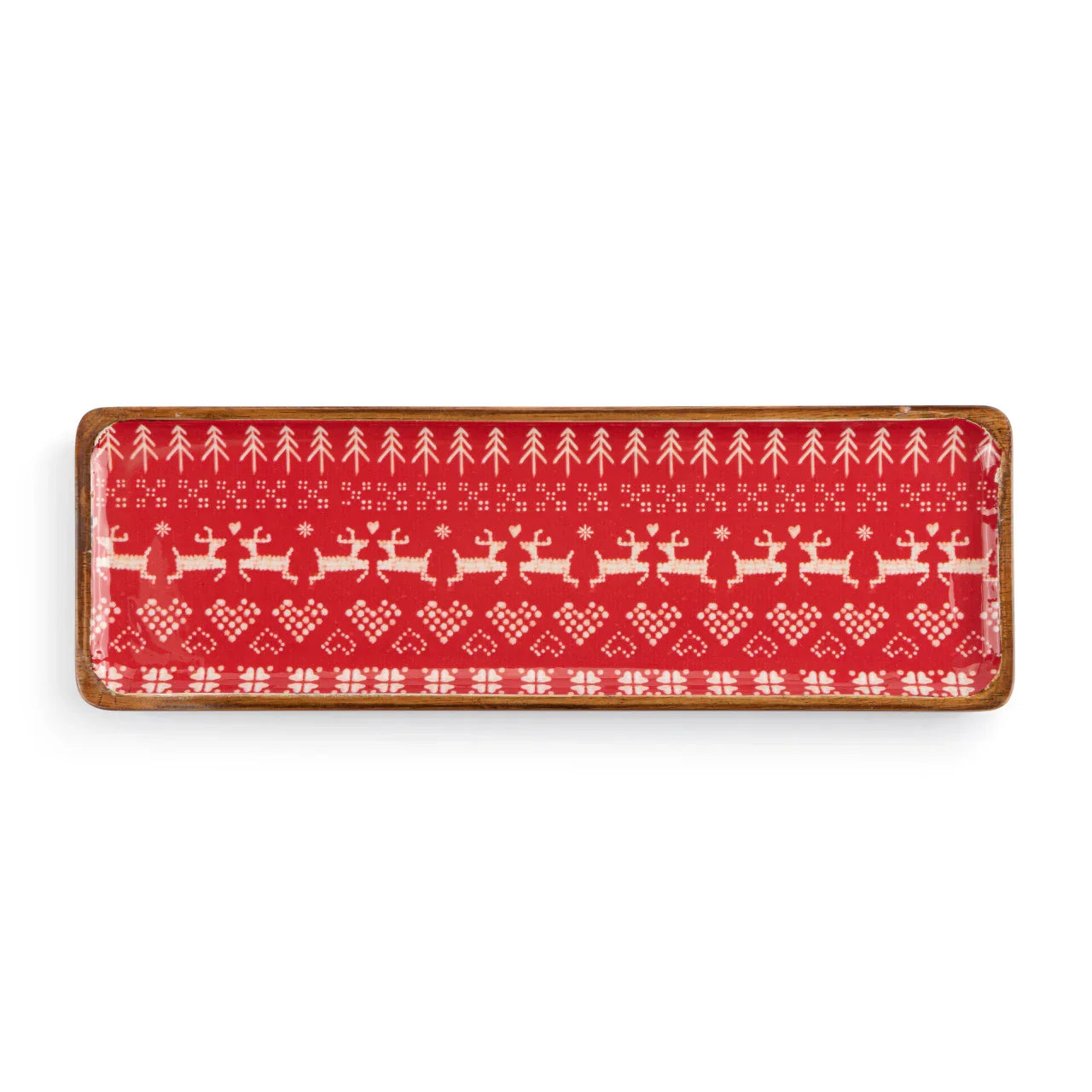 Rectangular wooden tray with red Christmas pattern featuring reindeer, trees, and hearts