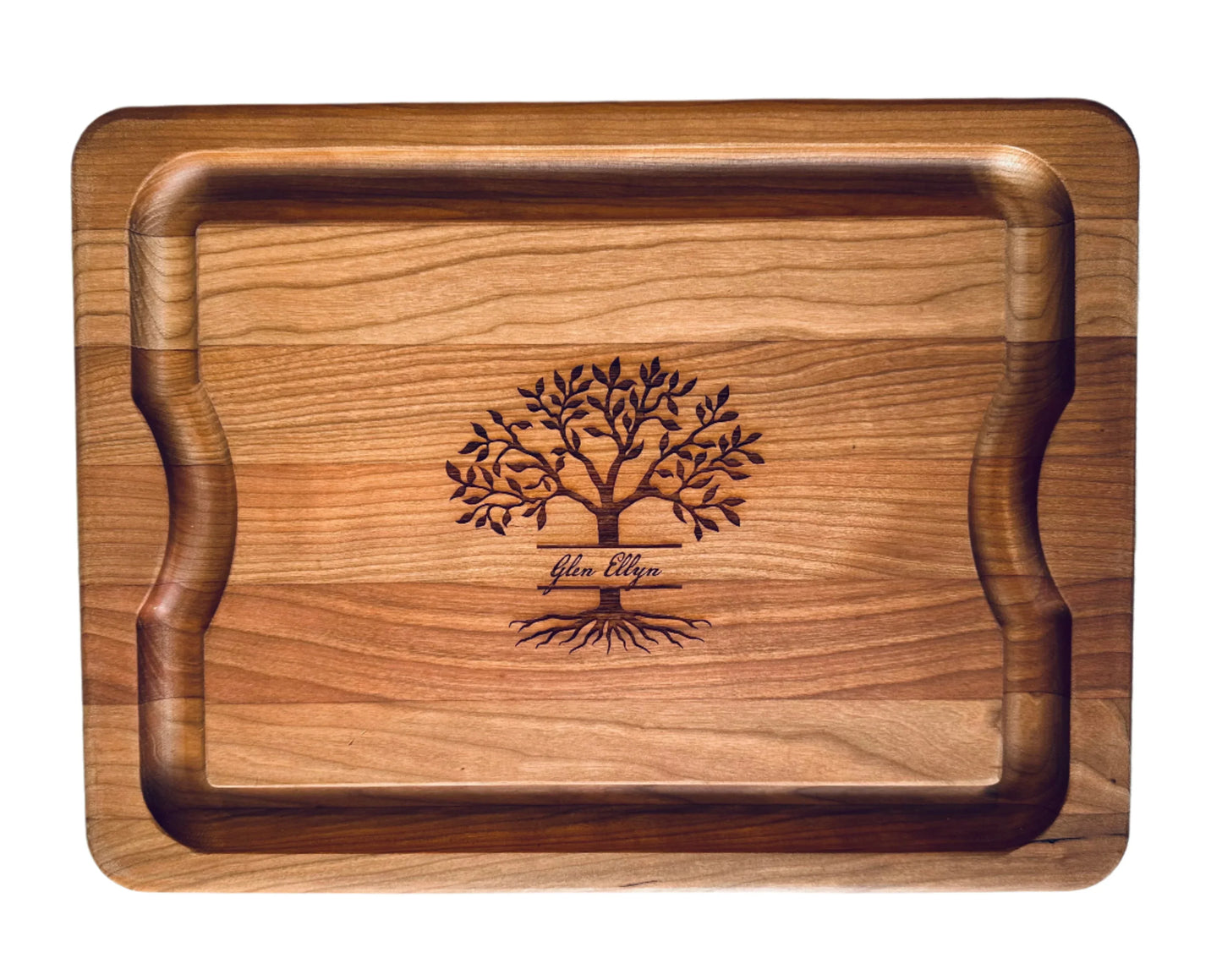 cherry wood carving board with tree design and glen ellyn text
