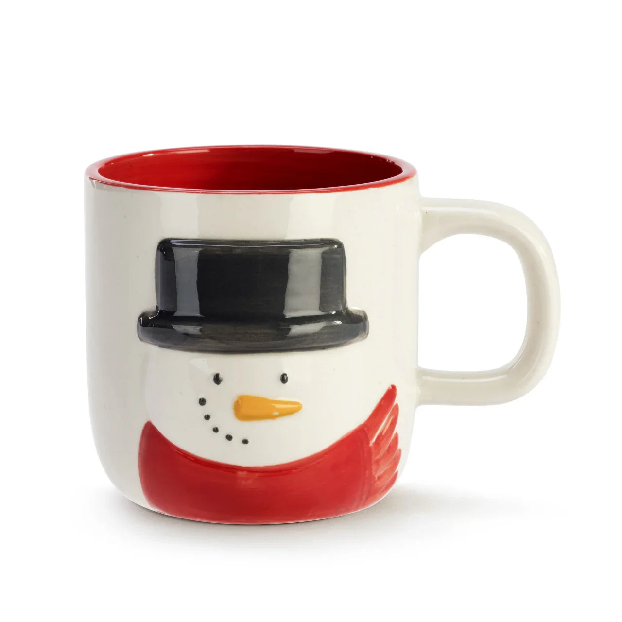 White ceramic mug with a snowman face wearing a black top hat and red scarf, red interior