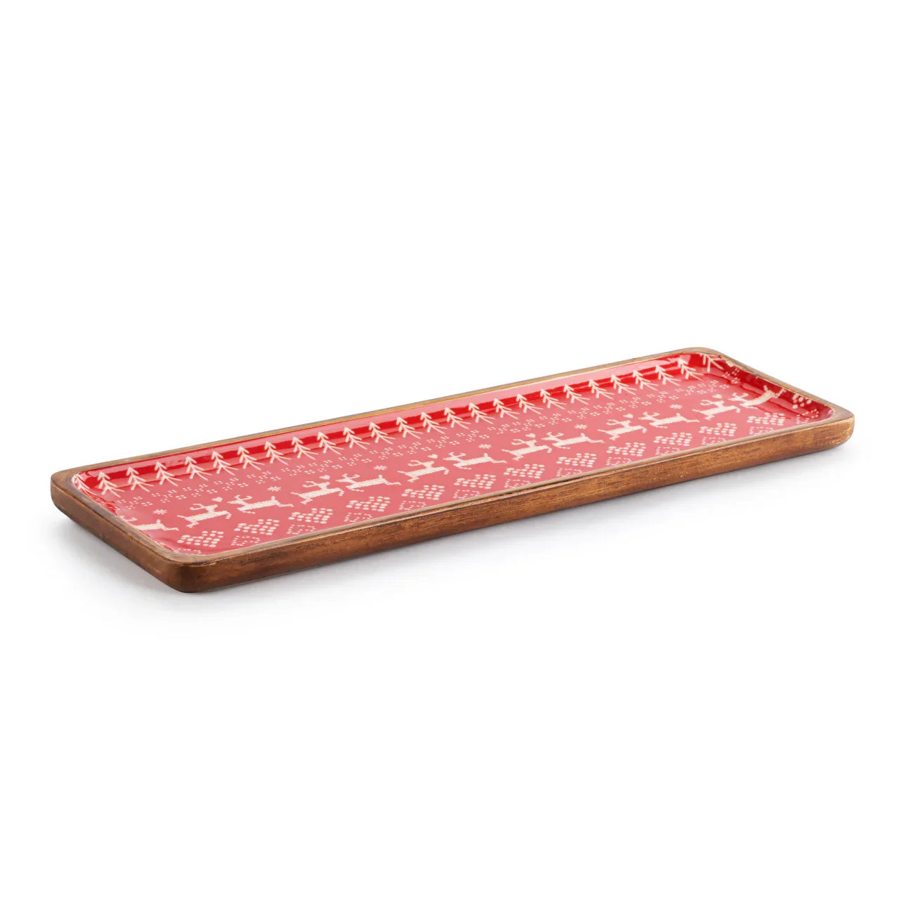Rectangular wooden tray with red holiday-patterned interior featuring reindeer and pine trees
