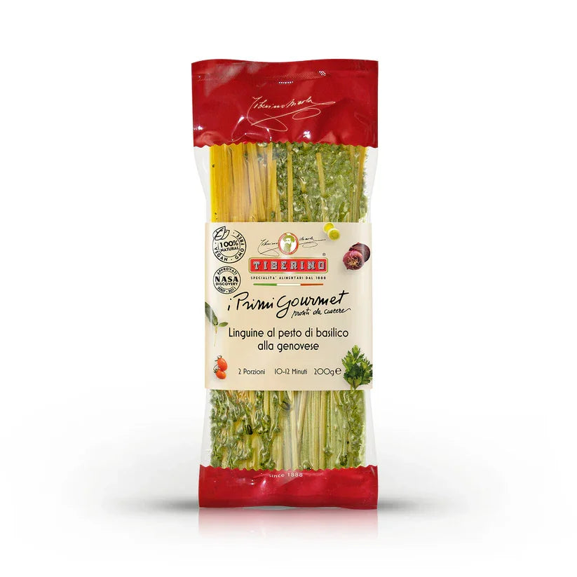 Tiberino Linguine pasta with Genovese basil pesto in clear red and white packaging, 200g, 2 portions