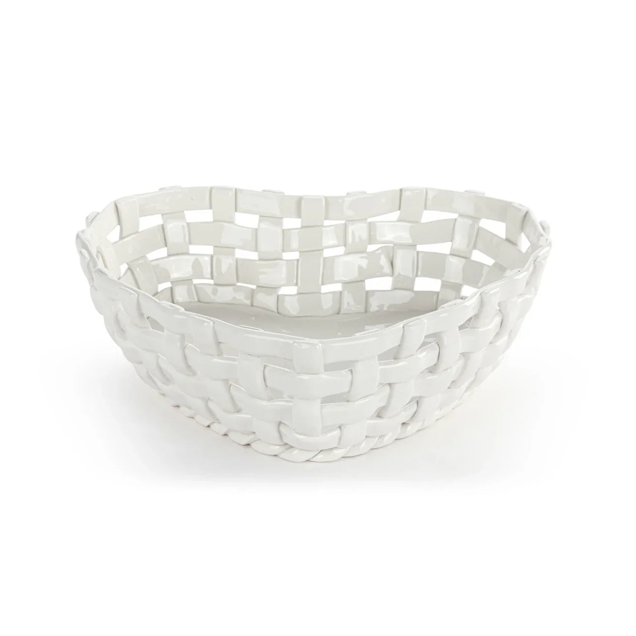 White ceramic decorative bowl with woven basket design and glossy finish