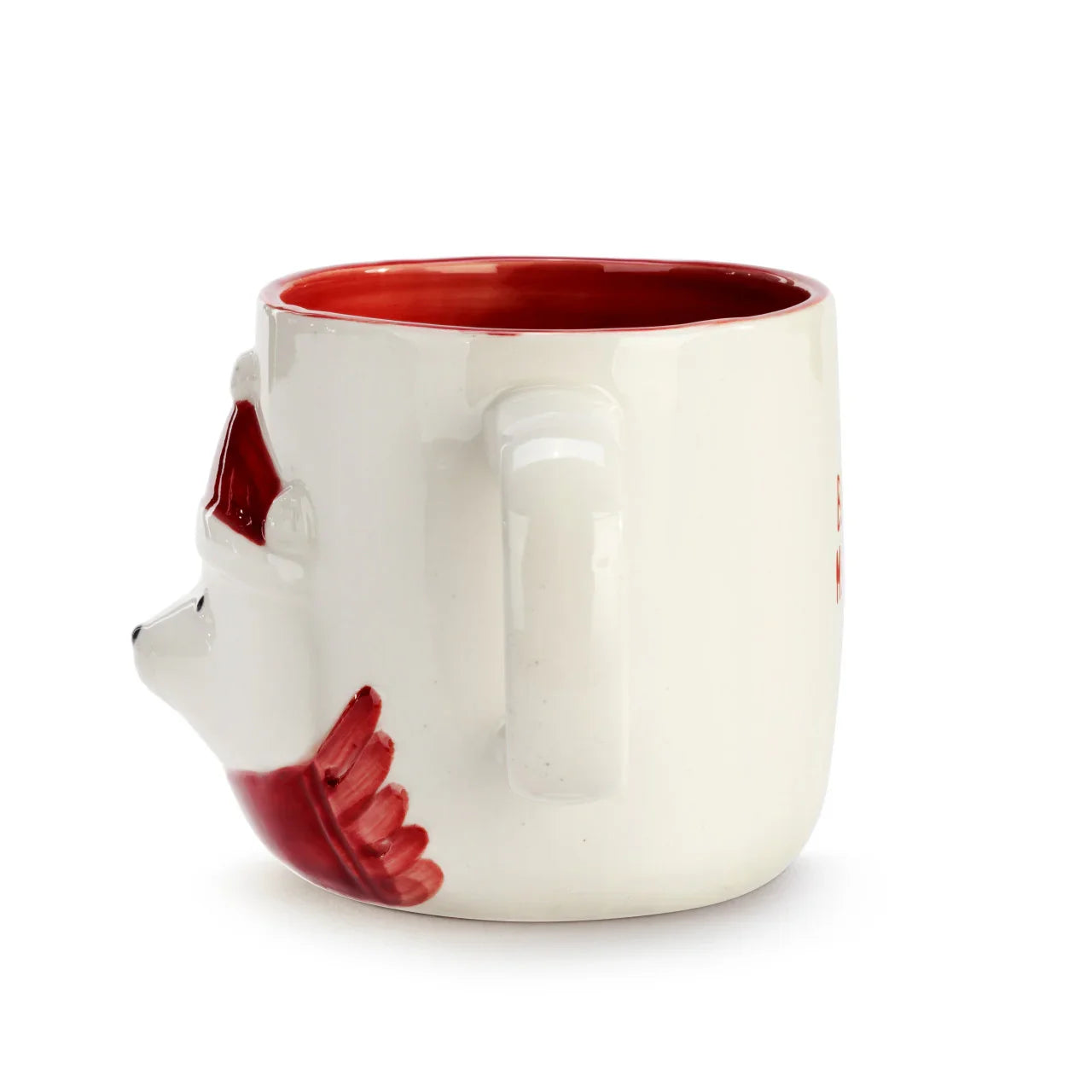 White ceramic mug with red interior and 3D Santa Claus face and hat design on the side