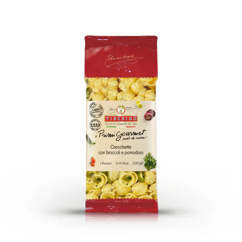 Tiberino gourmet orecchiette pasta with broccoli and tomato in red and cream package
