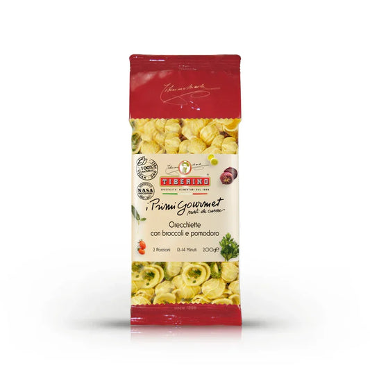 Tiberino gourmet orecchiette pasta with broccoli and tomato in red and cream package