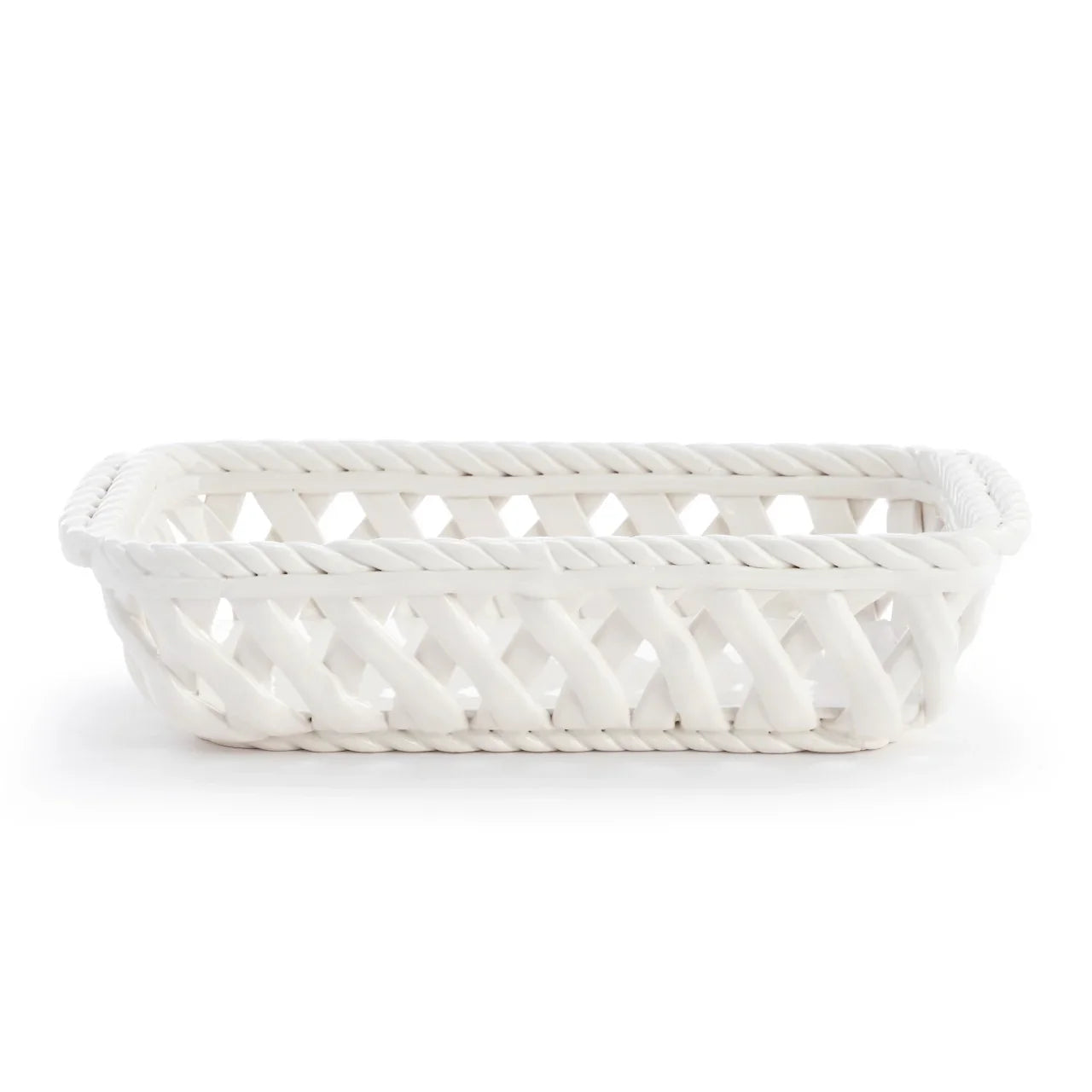 White rectangular woven storage basket with handles on white background