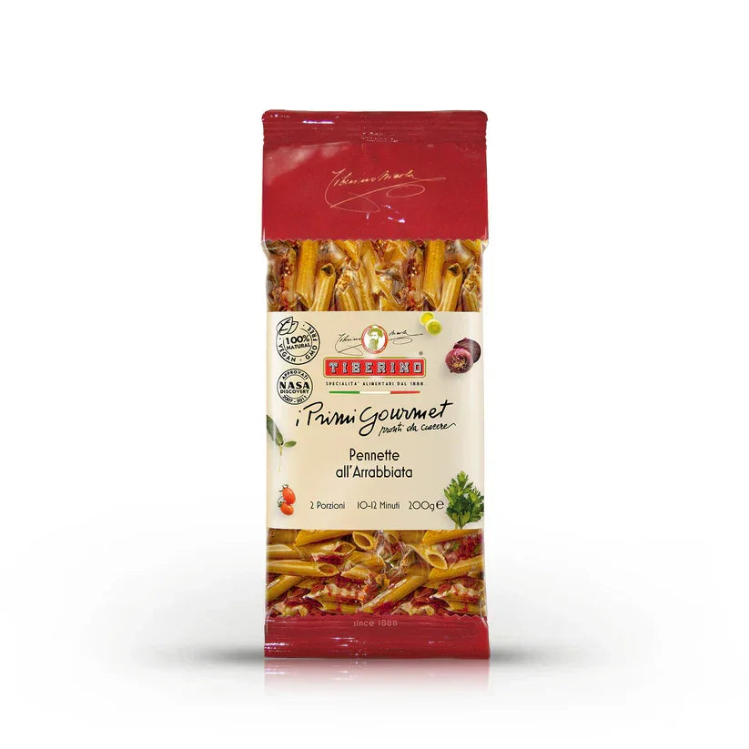 Tiberino Pennette all'Arrabbiata pasta package with red and cream label, 200g