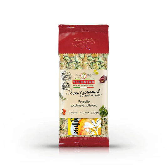 Tiberino gourmet pennette pasta with zucchini and saffron in 200g pack, natural vegan Italian food