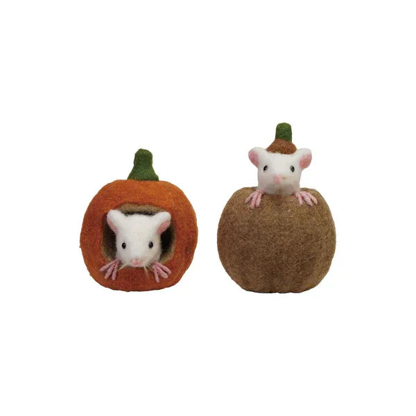 Handmade Wool Felt Pumpkin with Mouse 4" Round x 5-1/2"H - Marcel’s Culinary Experience